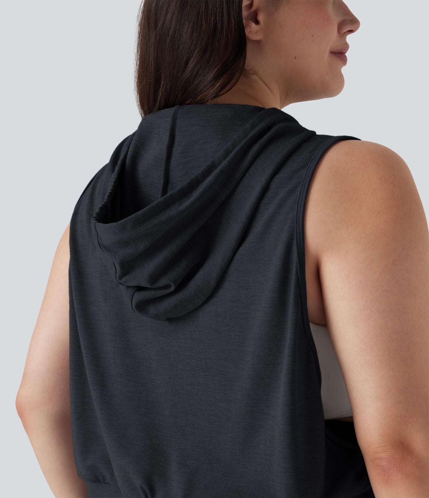 Débardeur de course grande taille crop top à capuche sans manches avec cordon de serrage