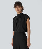 Blouse de Travail à Col Montant Plissée avec Boutons dans le Dos et Manches Courtes