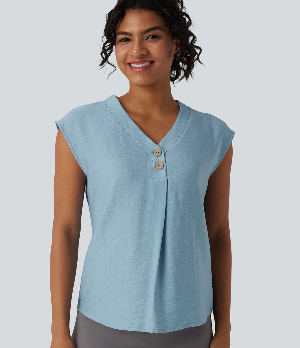Blouse de Travail Col V Manches Courtes avec Boutons Décoratifs