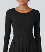 Robe longue décontractée évasée col rond plongeant manches longues avec poches