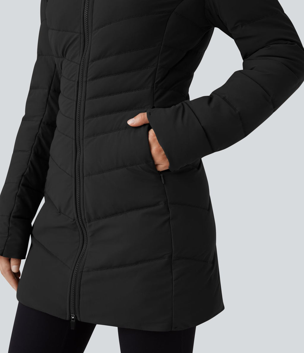 Doudoune longue extensible PuffFlex à capuche avec poches