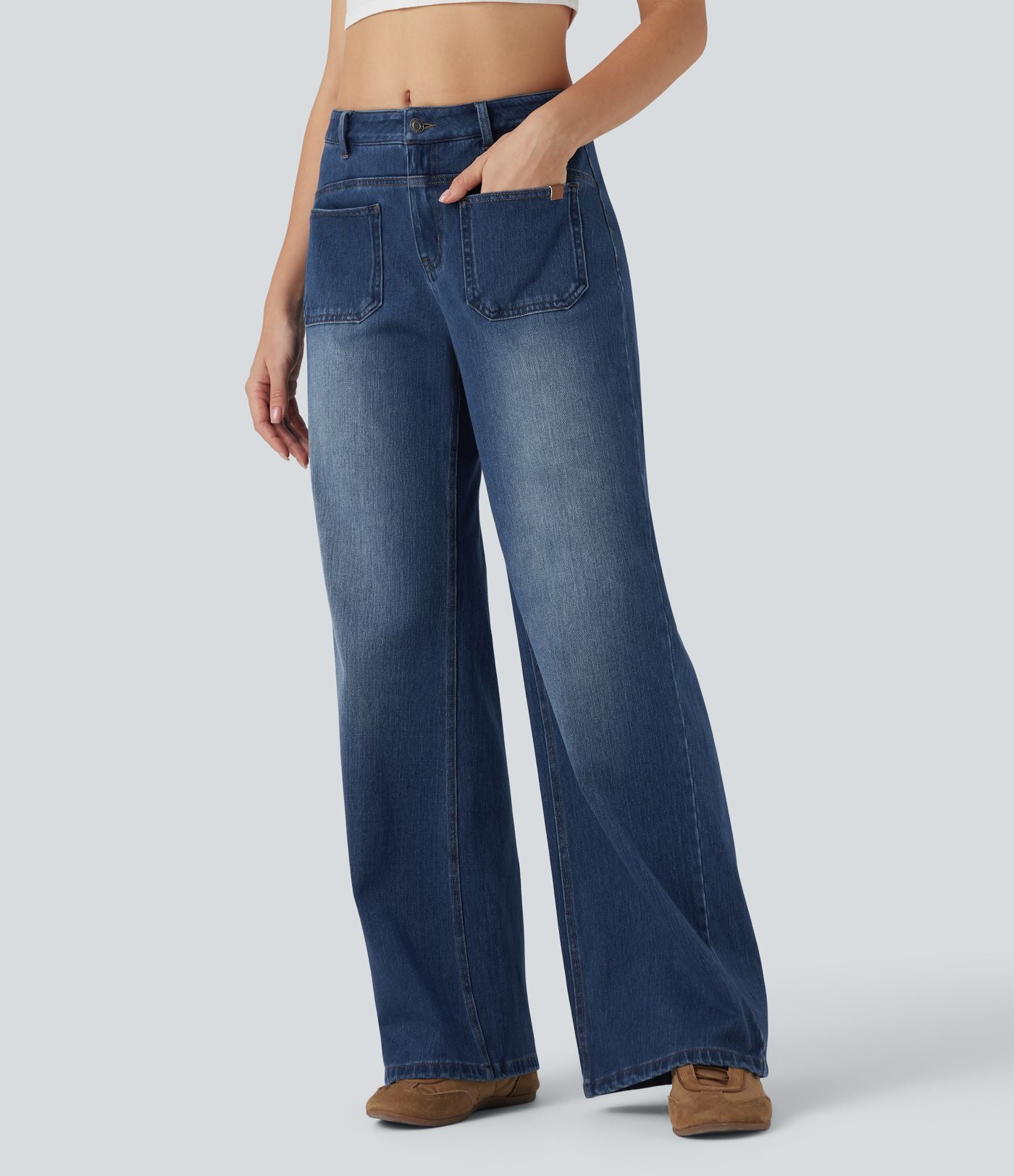 Jean large délavé Halara Flex™ taille mi-haute avec poches