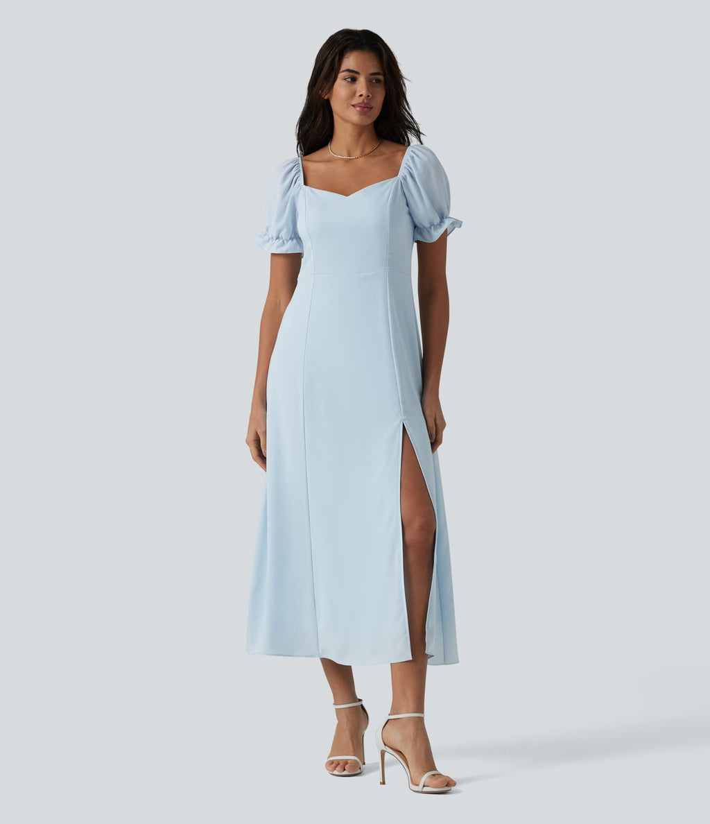 Robe de demoiselle d'honneur et d'invitée de mariage en mousseline fendue col Reine Anne manches bouffantes longueur midi