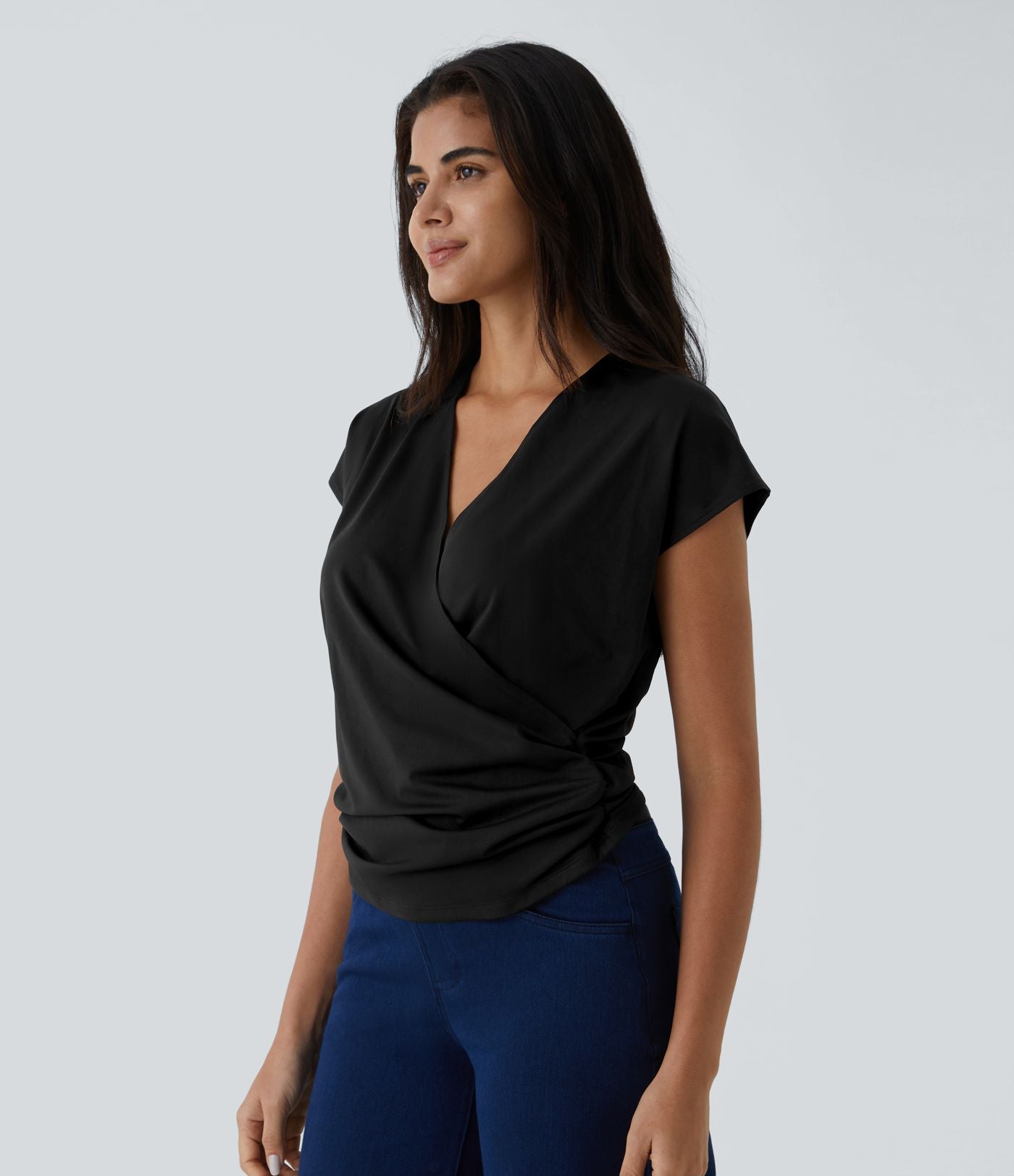 Blouse Travail Unie Froncée Croisée Manches Courtes Col en V