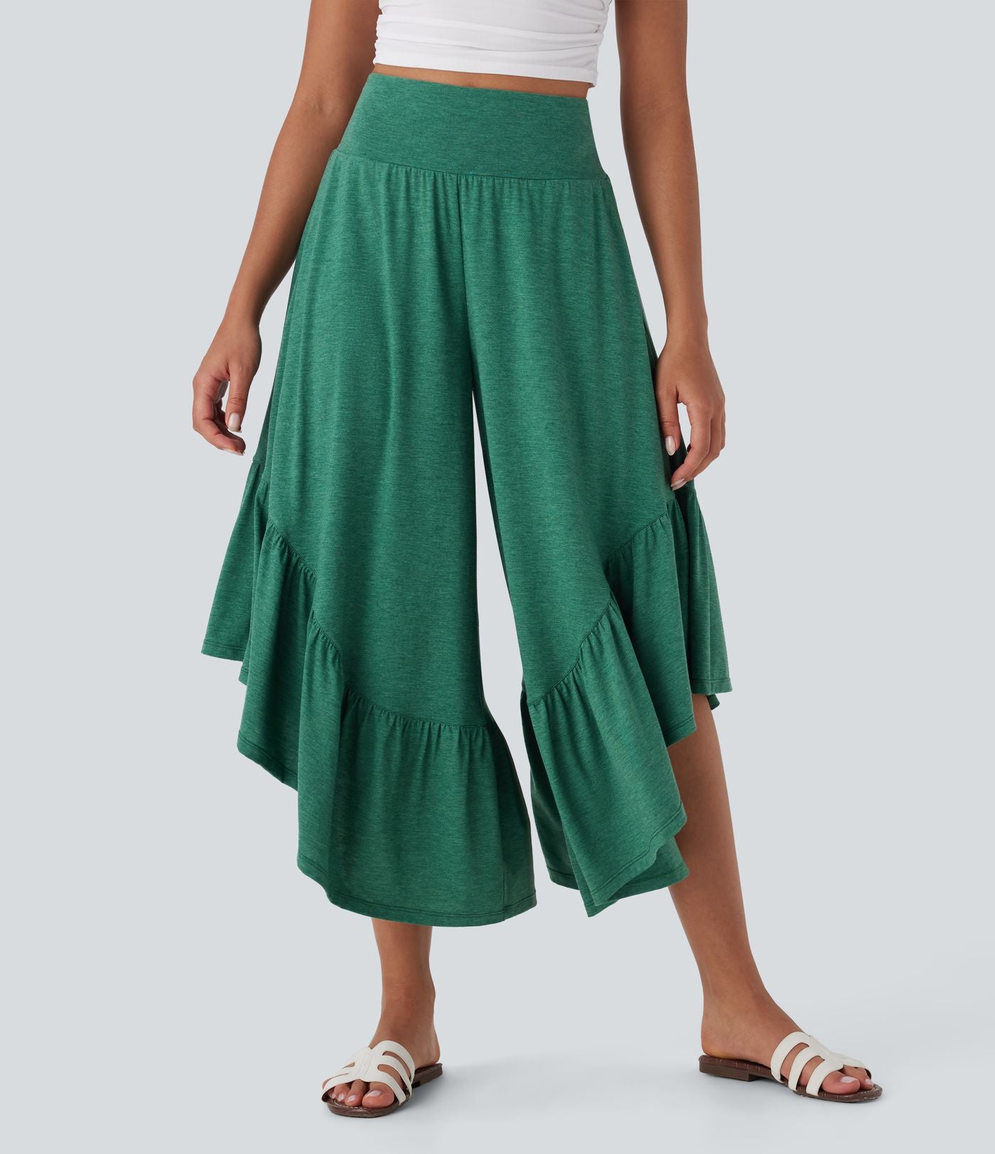 Pantalon décontracté super évasé taille haute avec ourlet à volants et poches