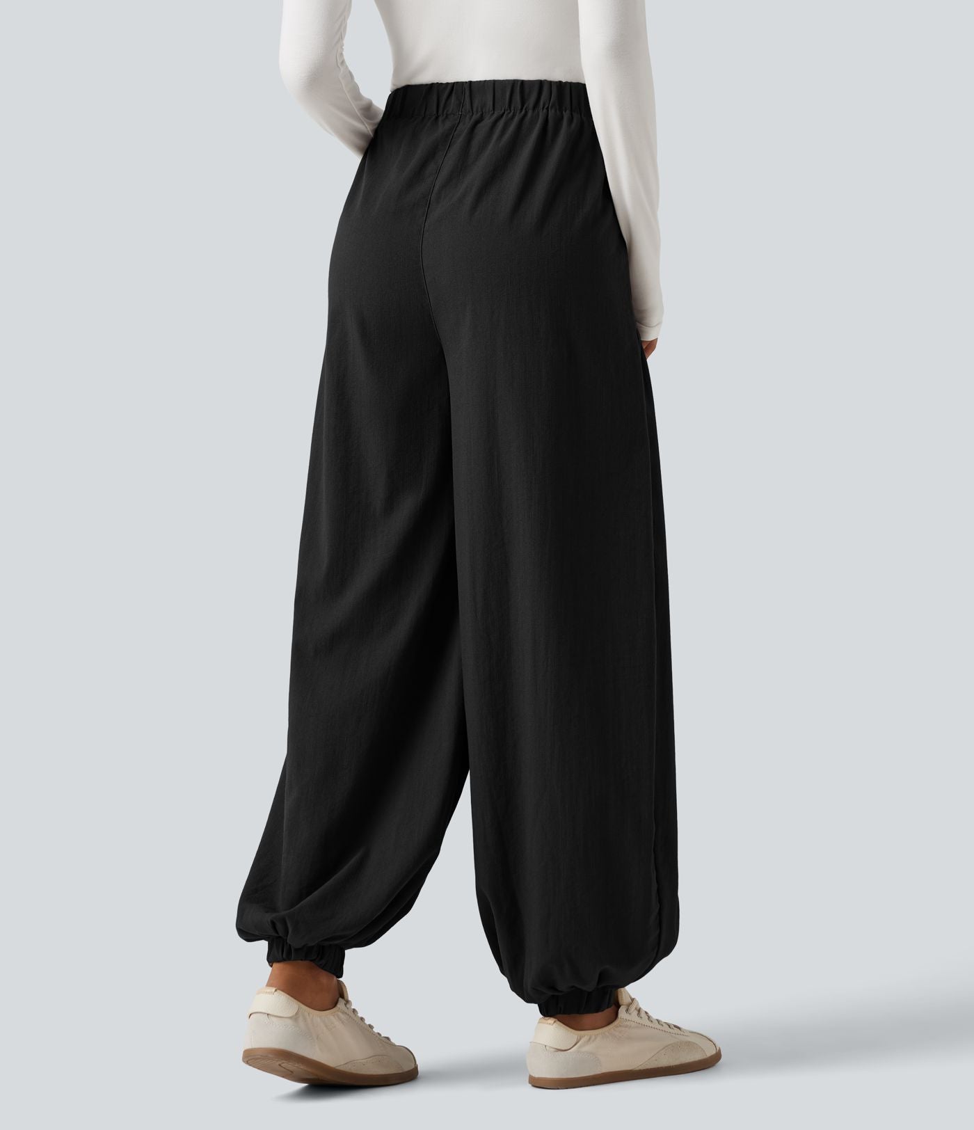 Jogging baggy taille haute effet lin froncé avec poches