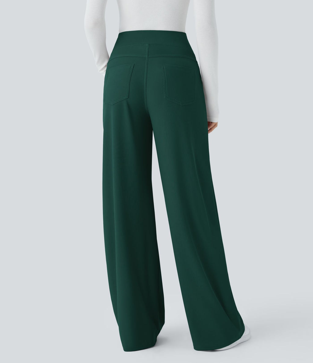 Pantalon tailleur large gainant taille haute en micro-gaufré avec poches Halara Flex™