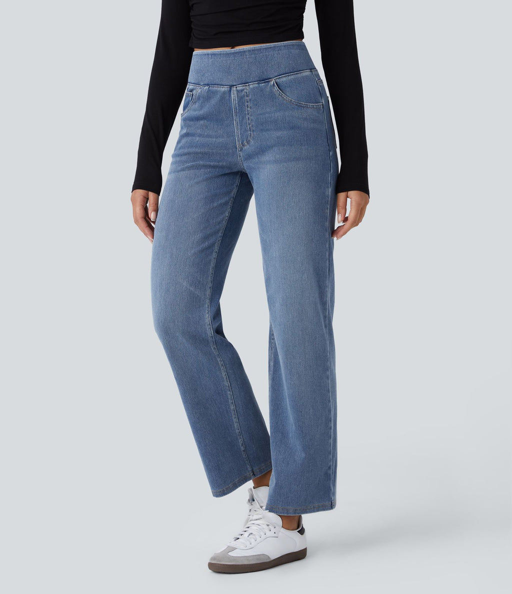 Jean décontracté Halara Flex™ taille haute, extensible, délavé, jambes droites avec poches multiples