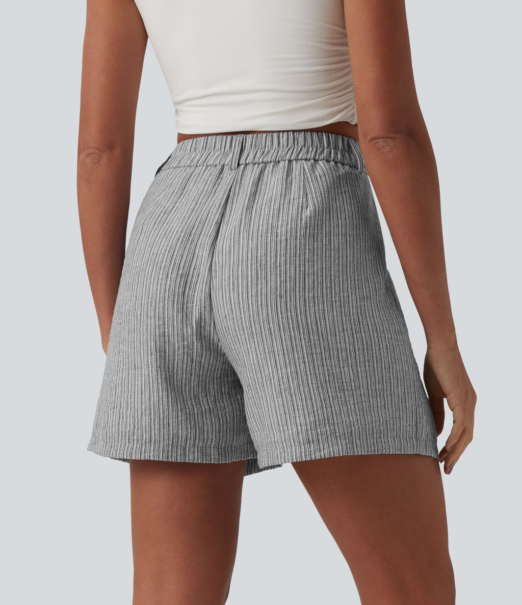 Short casual large aspect lin taille haute avec poches