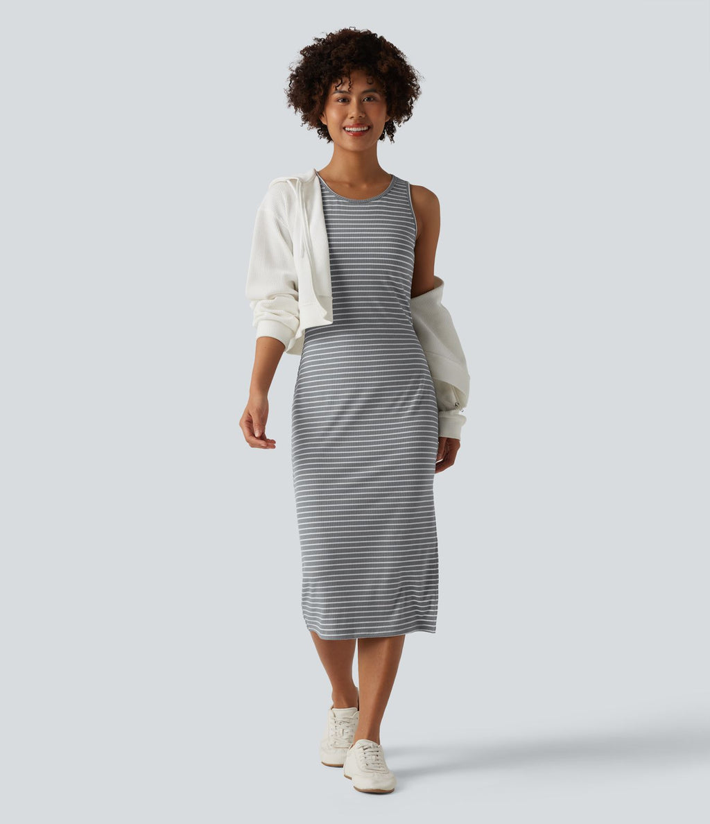 Robe midi moulante casual col rond sans manches à rayures