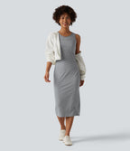 Robe midi moulante casual col rond sans manches à rayures