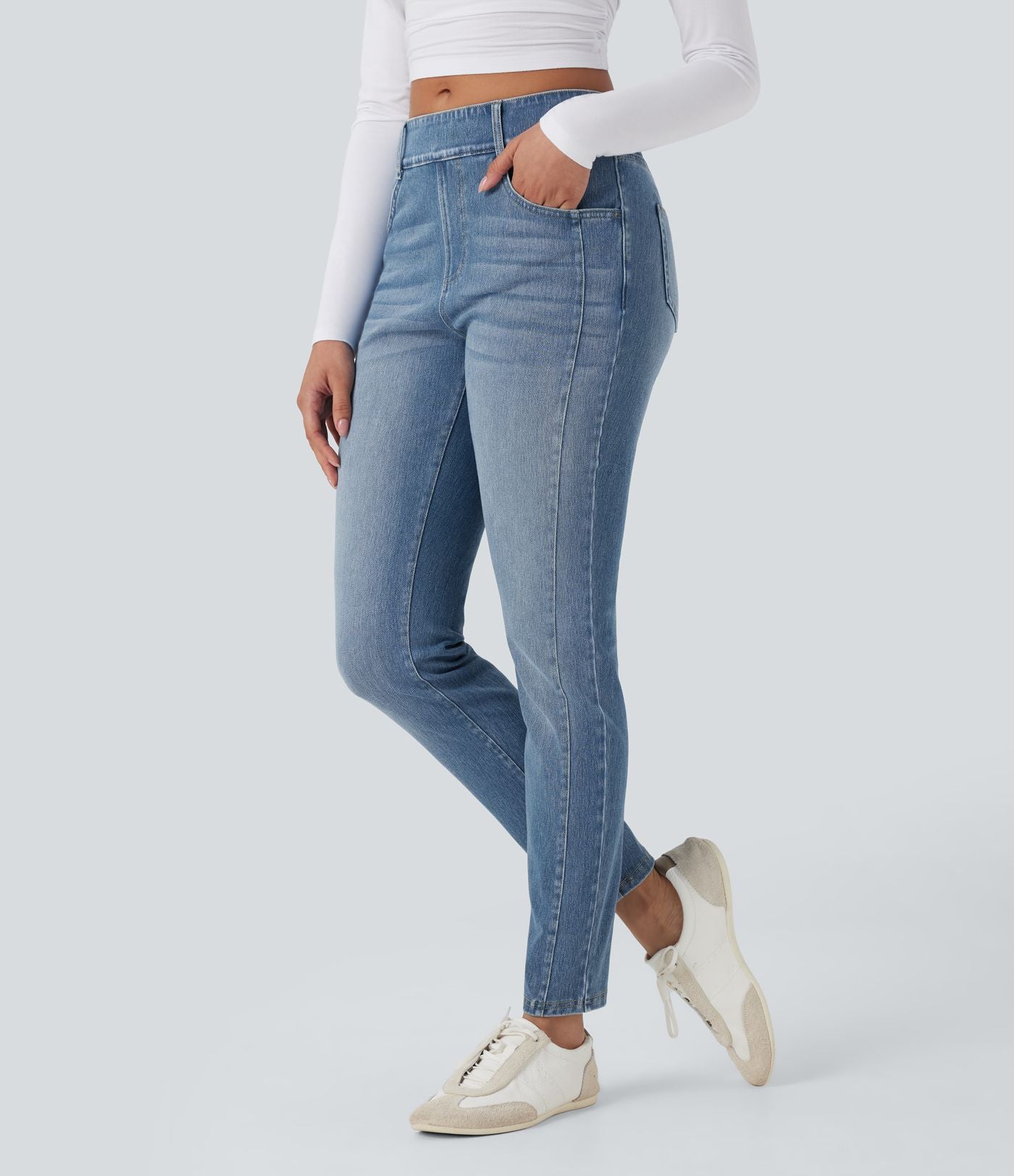Jean skinny 7/8 décontracté taille mi-haute délavé Halara Flex™ avec poches