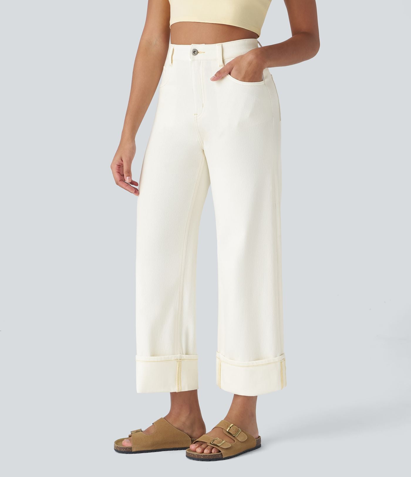 Halara Flex™ Jean Larges Taille Haute Ourlet Roulotté Multiples Poches
