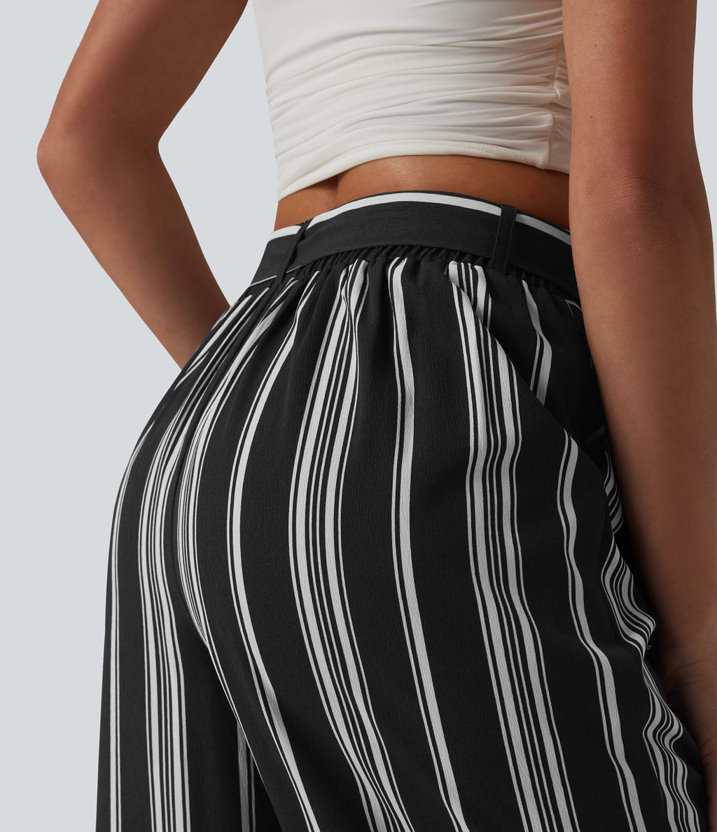 Pantalon large taille haute à rayures avec ceinture et poches