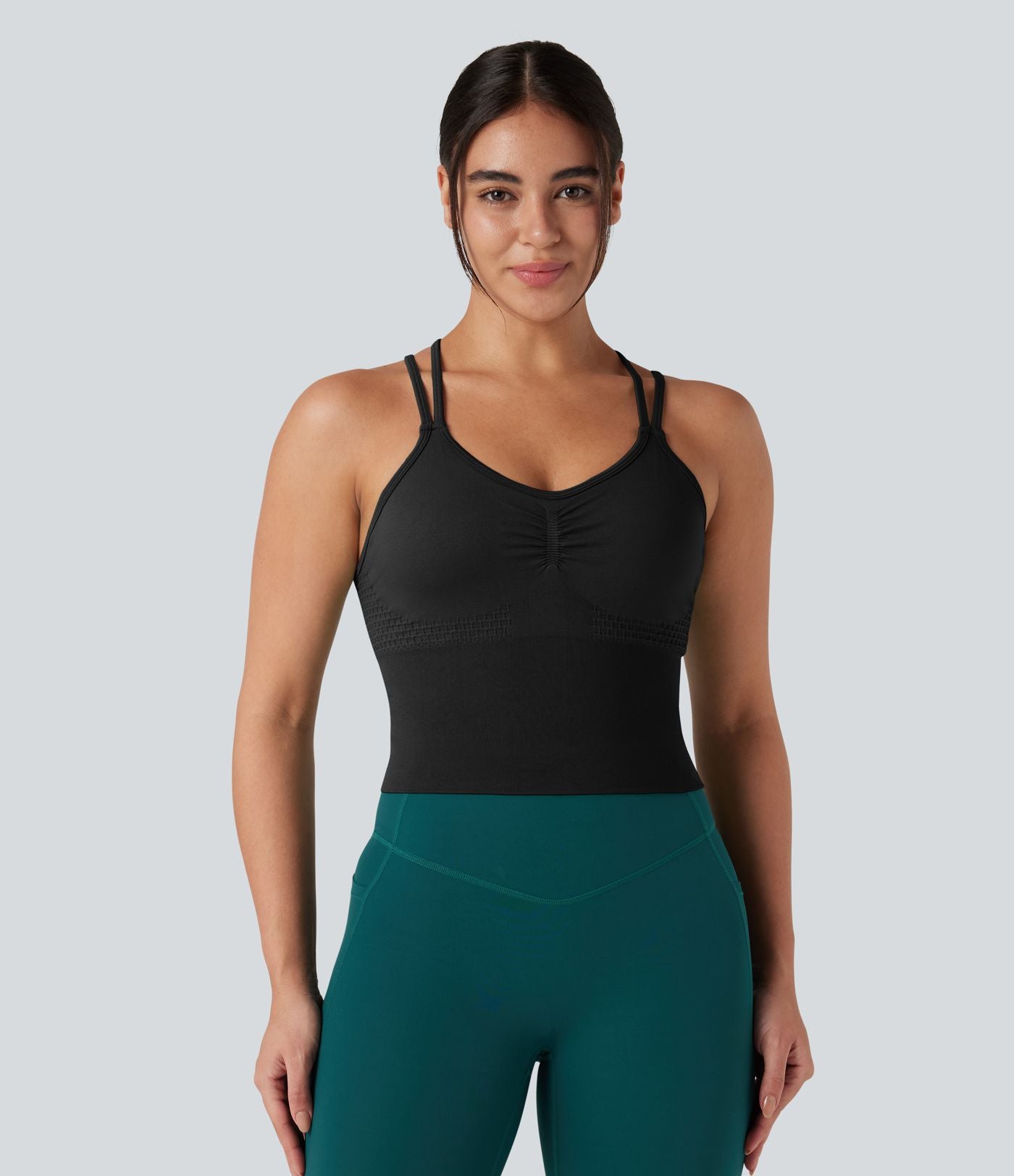 Débardeur yoga dos nu croisé froncé bretelles doubles longueur allongée sans couture OneForm Seamless Flow