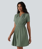 Robe mini évasée décontractée, maille côtelée en lin mélangé,  col V, manches courtes