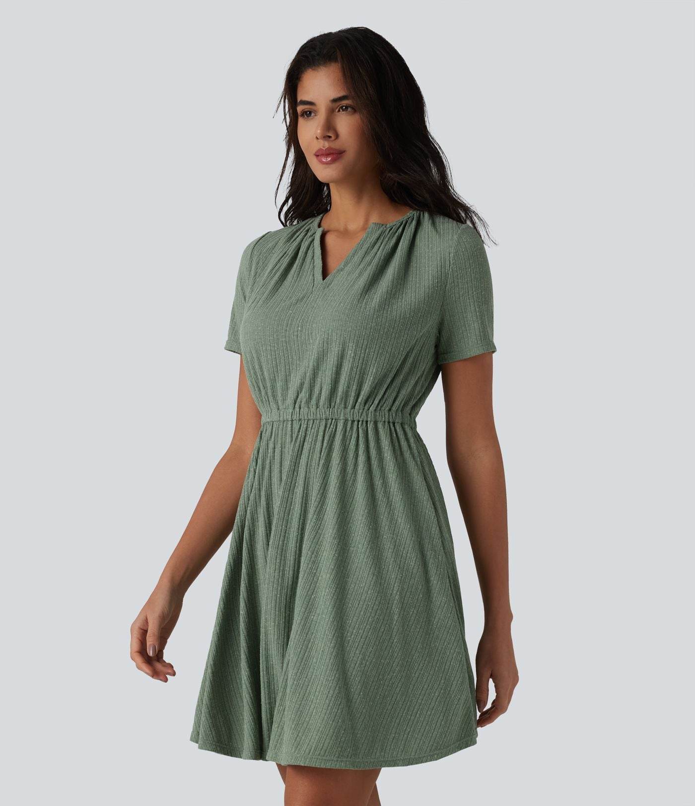 Robe mini évasée décontractée, maille côtelée en lin mélangé,  col V, manches courtes