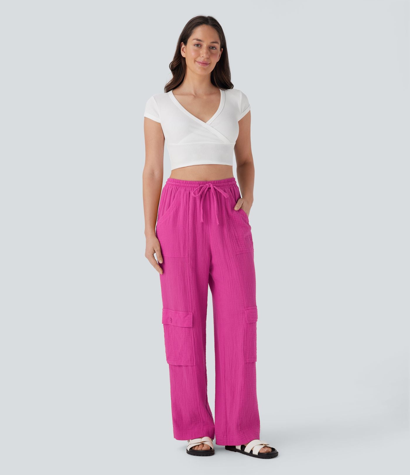 Pantalon cargo large fluide en coton taille haute avec cordon de serrage et poches