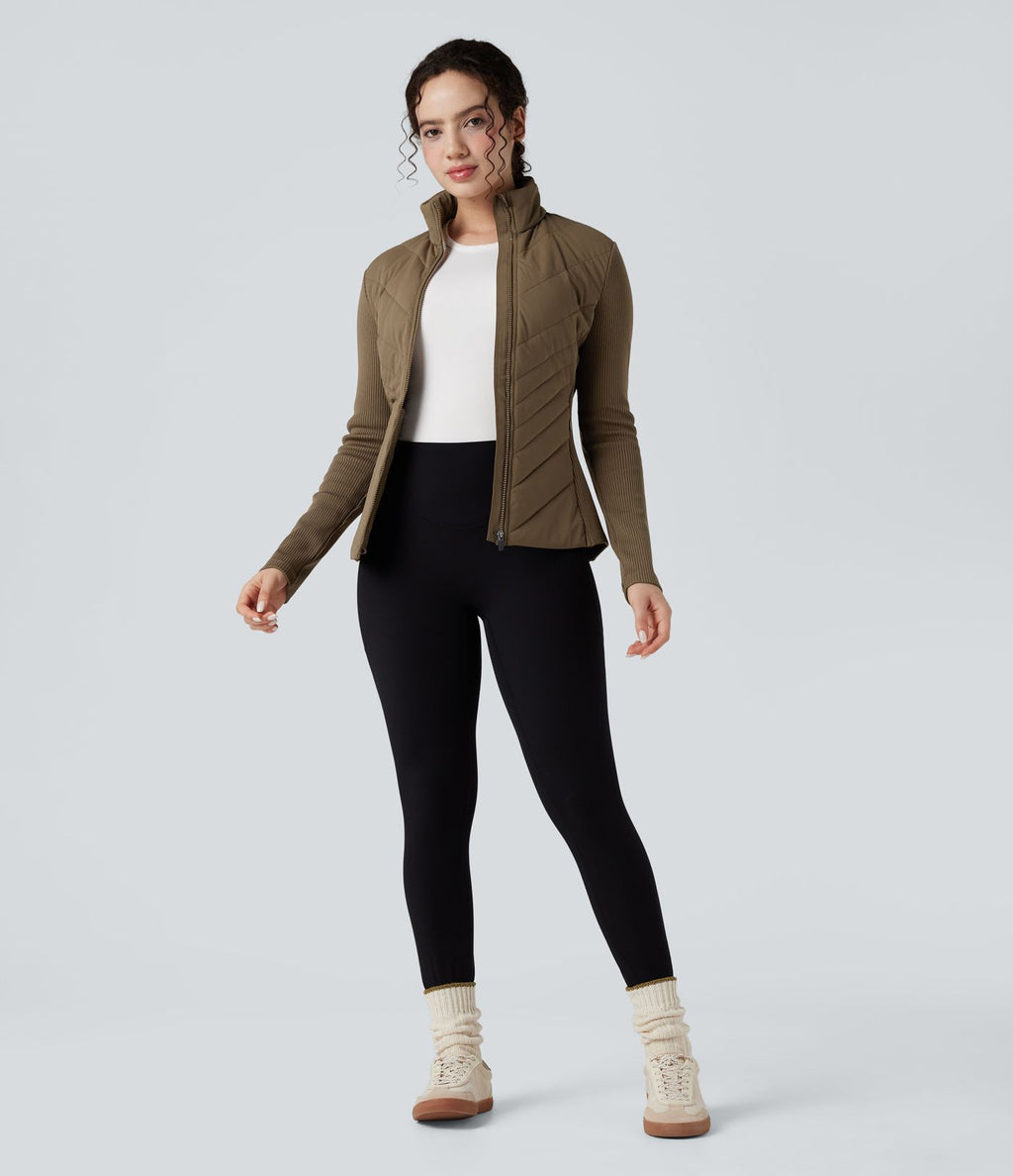 Veste matelassée décontractée à col montant et coupe ajustée, côtelée et contrastée, avec poches