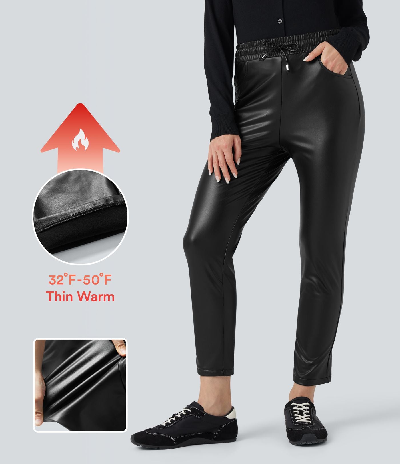 Pantalon fuselé 7/8 décontracté PU molleton extensible taille haute avec cordon et poches