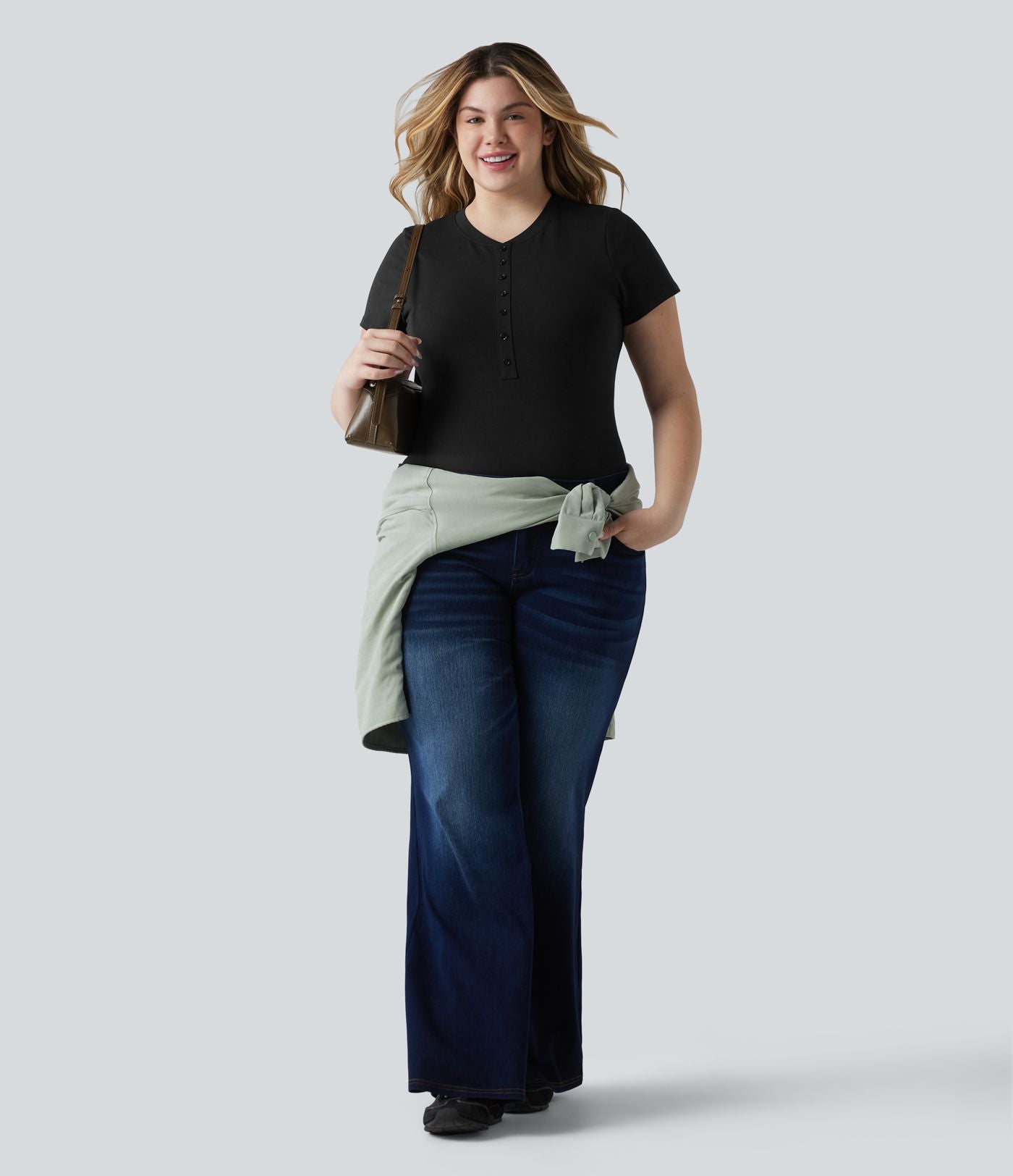 T-shirt Halara grande taille décontracté en jersey de coton, col Henley ultra-ajusté, manches courtes