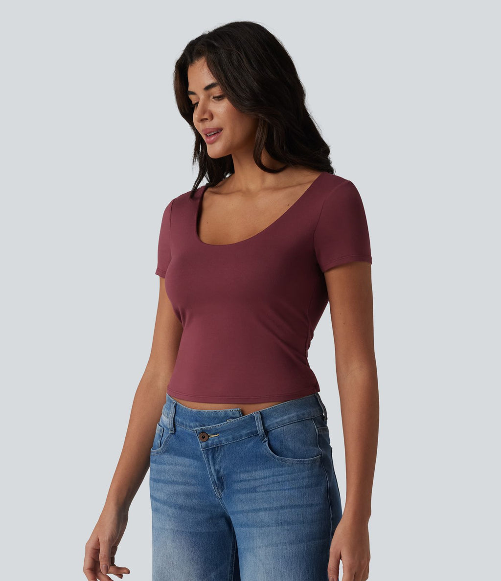 T-shirt casual col U manches courtes avec soutien-gorge intégré, dentelle contrastante et dos à nouer