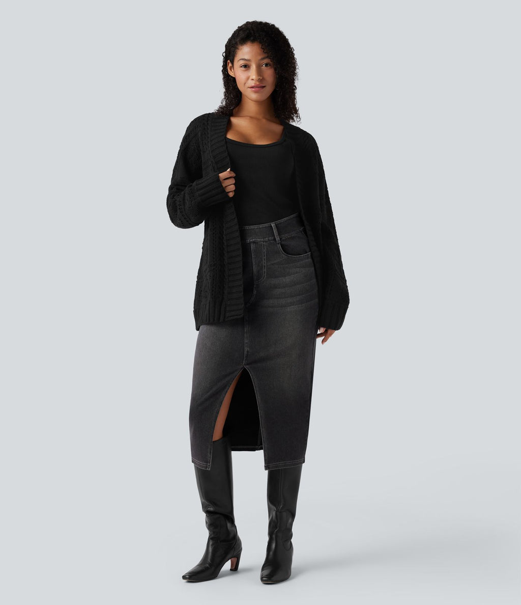 Cardigan décontracté en maille tricotée à manches longues avec ceinture et ouverture devant