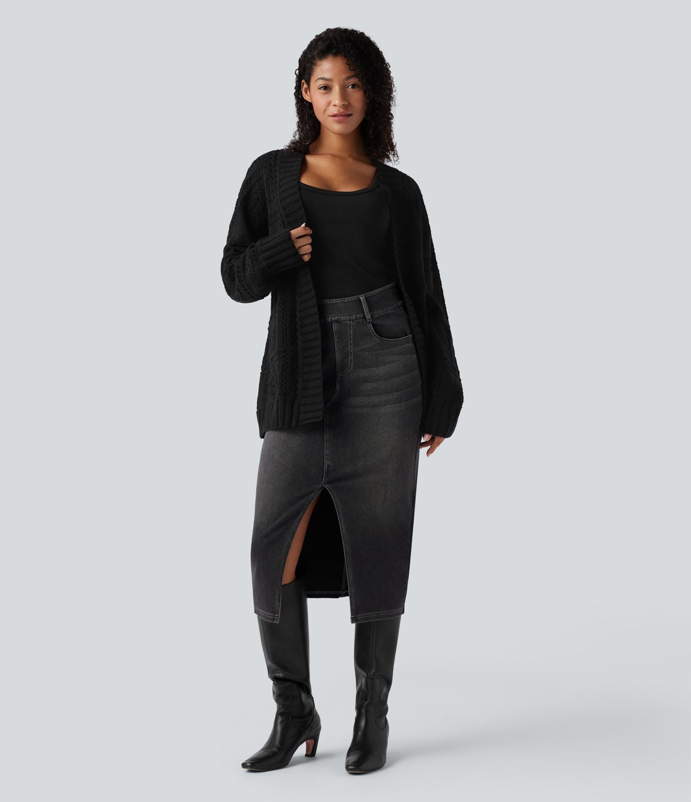 Cardigan décontracté en maille tricotée à manches longues avec ceinture et ouverture devant