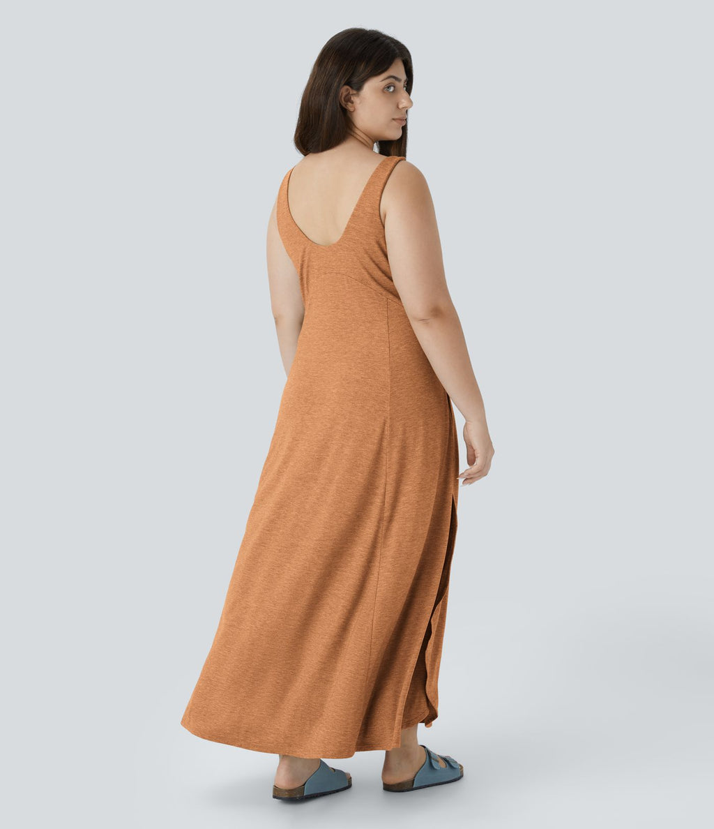 Robe Maxi Casual Grande Taille à Col U Sans Dos Fendue et Fluide