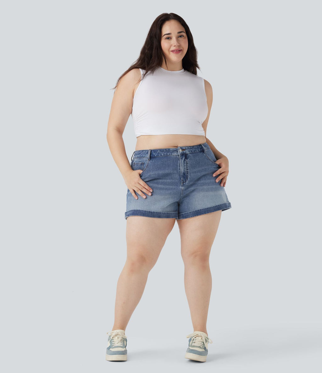 Short décontracté Halara Flex™ grande taille taille mi-haute bouton fermeture éclair en denim maille extensible multiples poches 7,5 cm