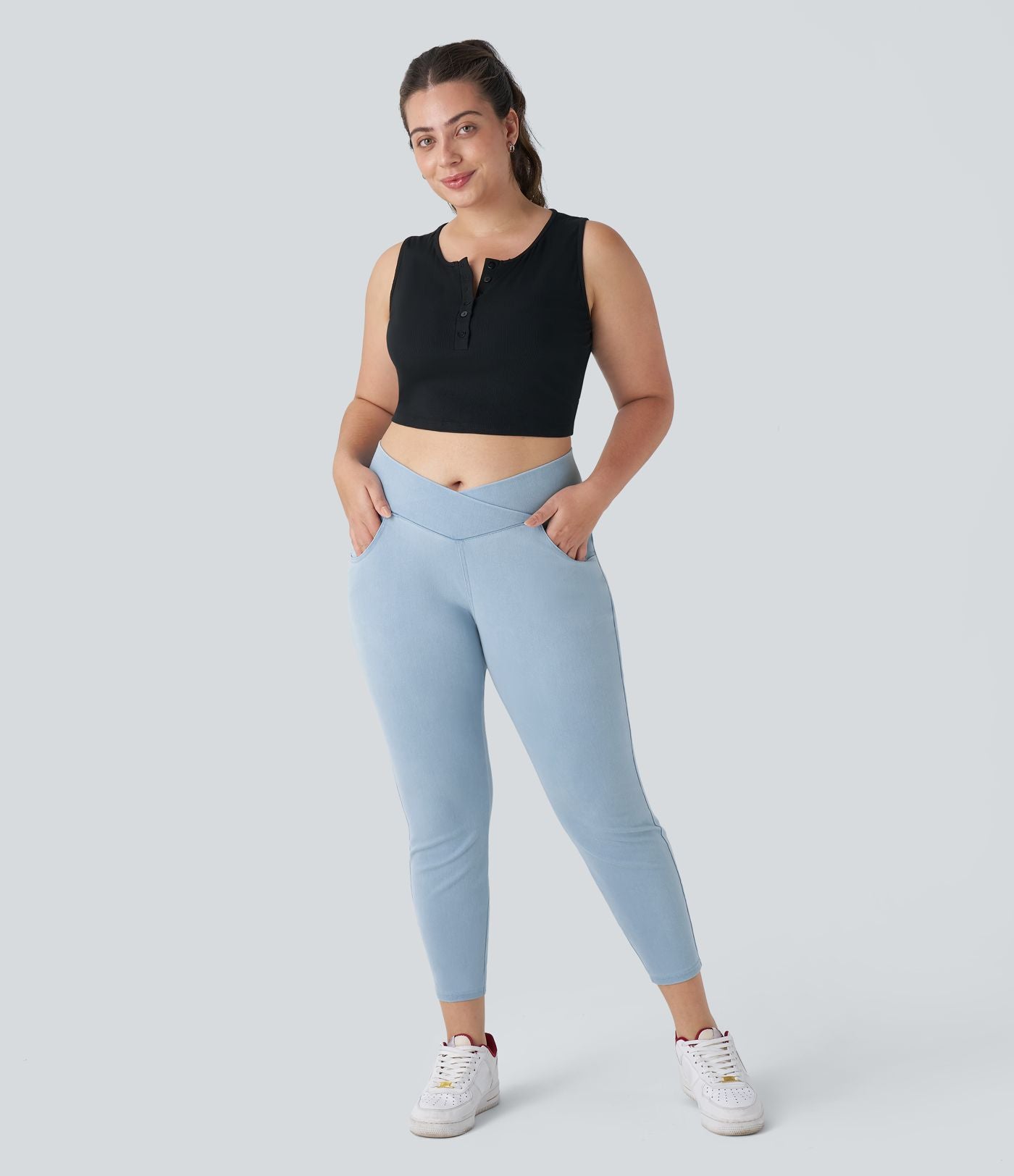 Halara Flex™ Legging Travail  7/8 Taille Croisée en Denim Tricot Extensible Taille Haute Poches Multiples Grande Taille