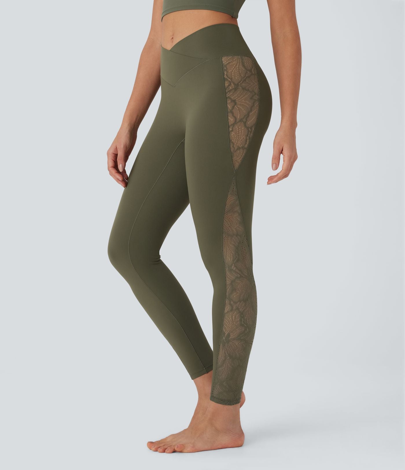 Softlyzero™ Legging Yoga 7/8 Taille Haute avec Poche au Dos Découpe Croisée et Dentelle Contrastante