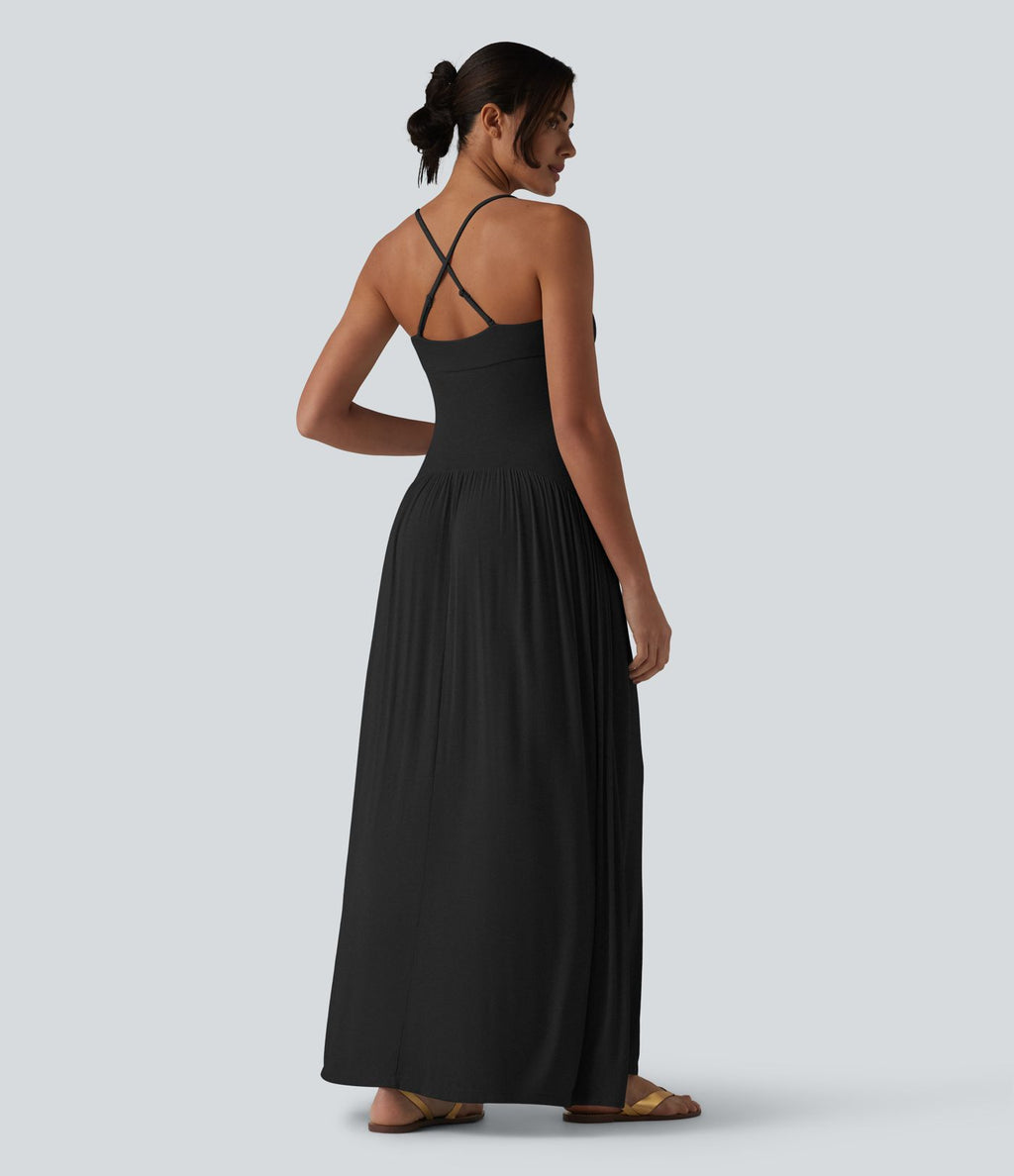 Robe longue fluide côtelée à bretelles fines avec poches