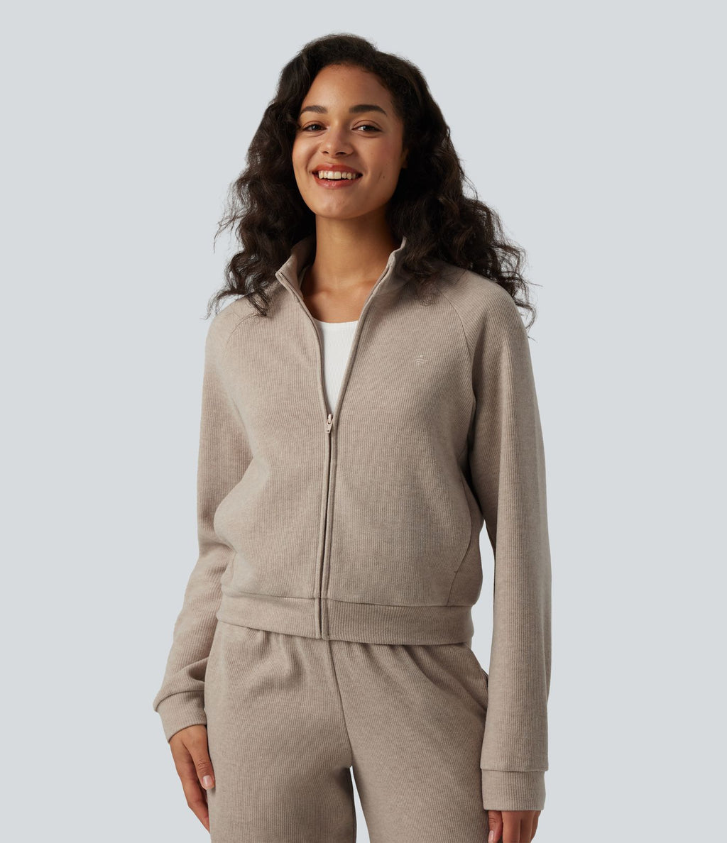 Veste casual côtelée à col montant, manches longues et fermeture zippée avec poches