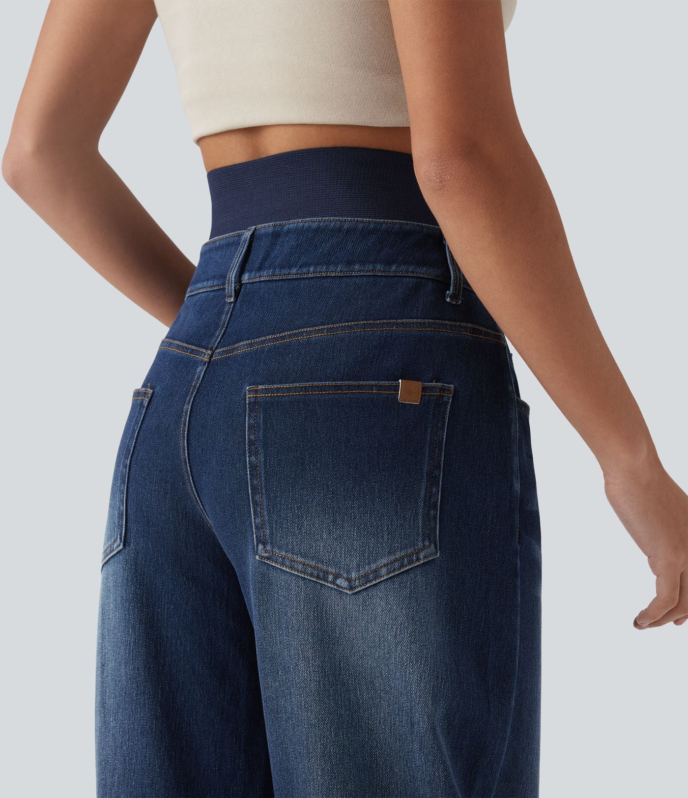 Jean large délavé Halara Flex™ taille haute gainant avec poches