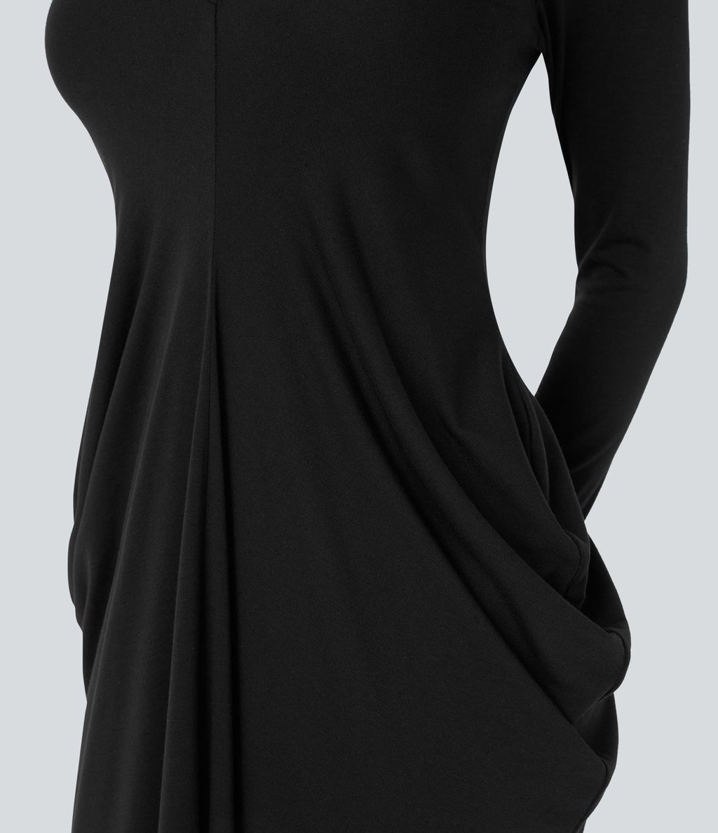 Robe longue froncée à manches longues et décolleté plongeant en V