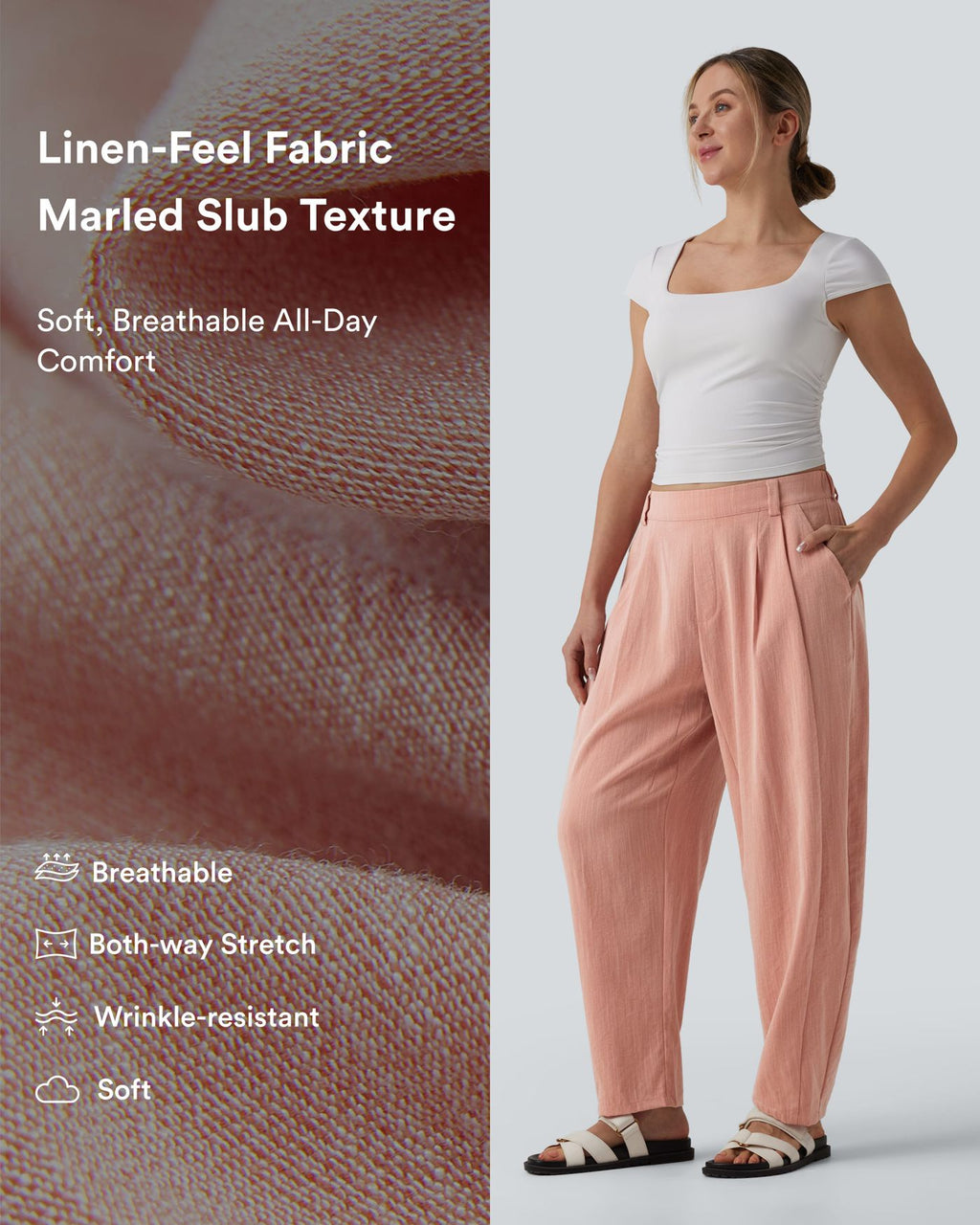 Pantalon décontracté coupe ballon taille mi-haute aspect lin avec poches