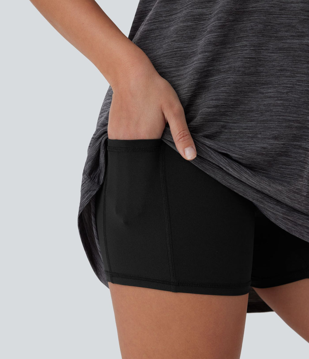 Robe active de yoga mini 2 pièces à encolure en U, dos nu, dos nageur, maille contrastante et poche latérale