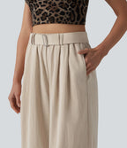 Pantalon large court casual taille haute avec ceinture aspect lin et poches