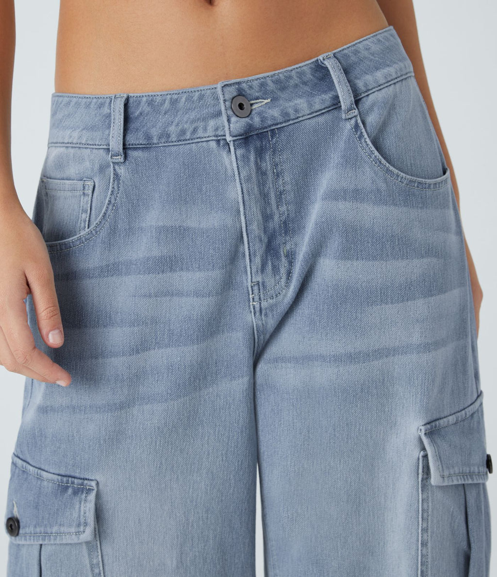 Jean cargo décontracté Halara Flex™ à taille basse, jambes larges, poches multiples et tissu extensible