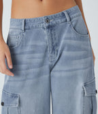 Jean cargo décontracté Halara Flex™ à taille basse, jambes larges, poches multiples et tissu extensible