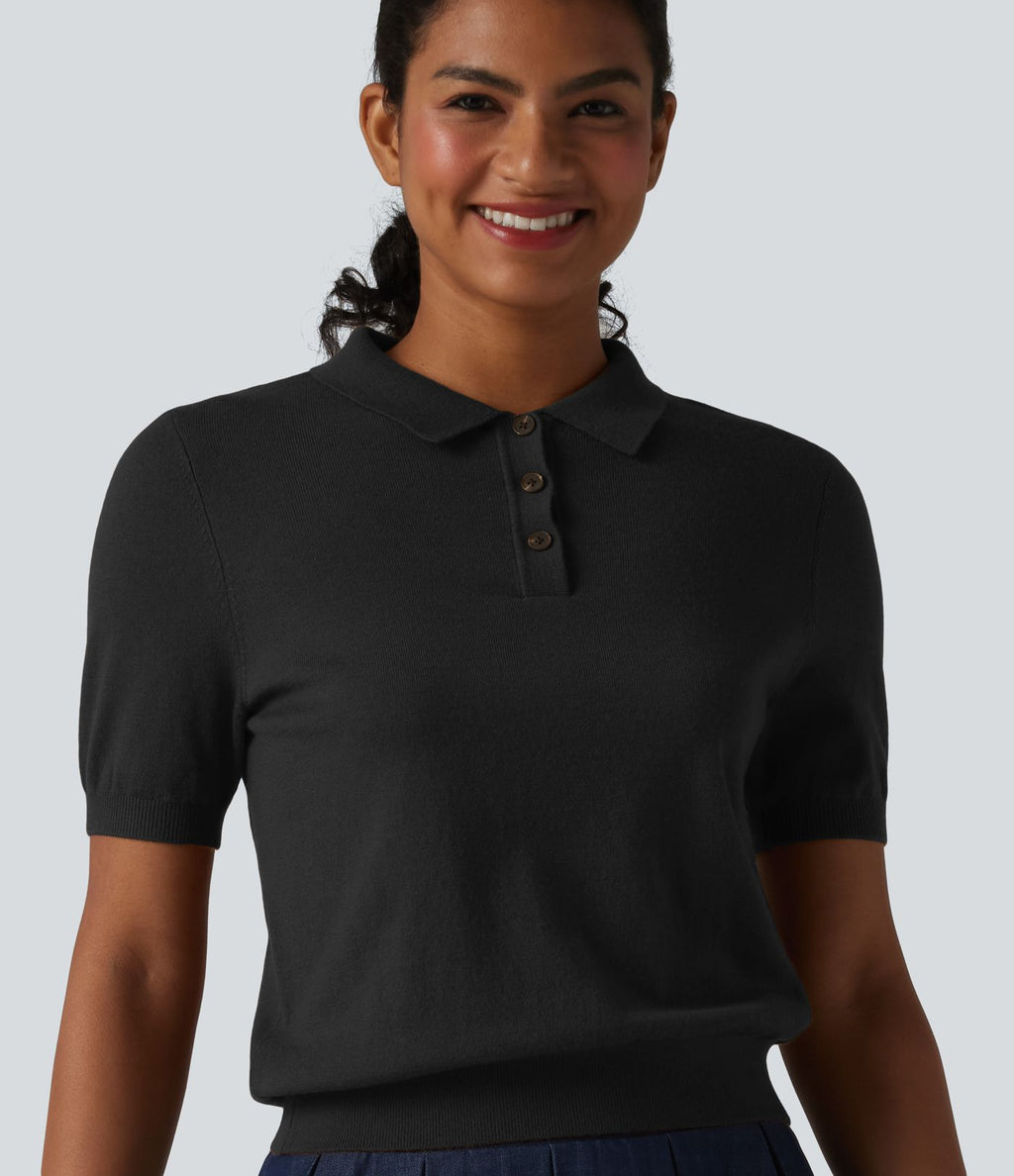 Pull décontracté col polo manches courtes en mélange de laine