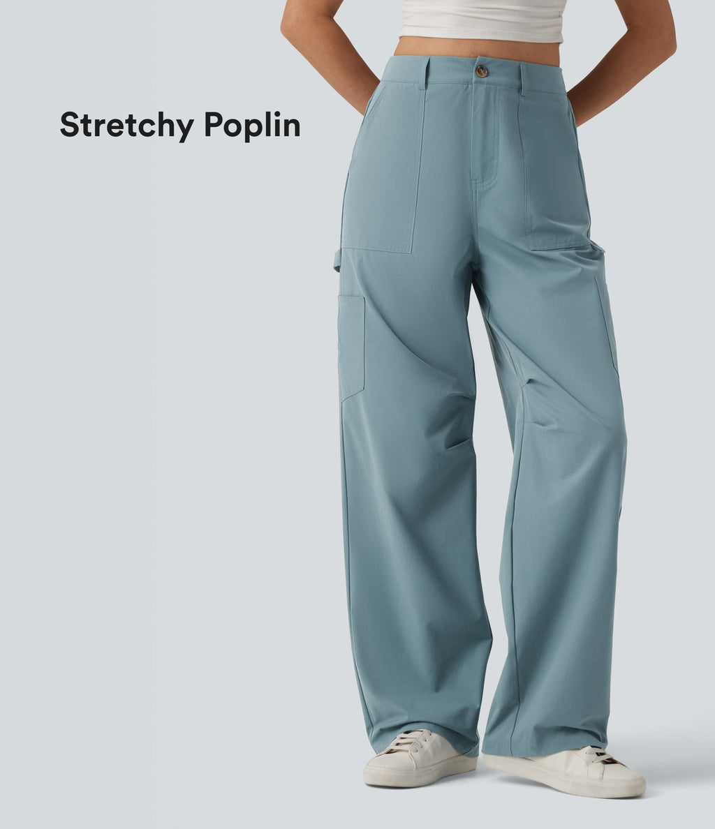 Pantalon cargo casual en popeline extensible coupe droite taille haute avec poches