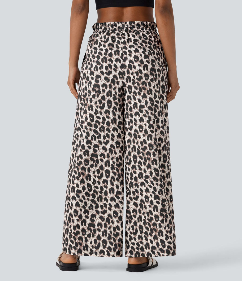 Pantalon large et fluide à imprimé léopard, taille haute avec cordon de serrage et poches latérales