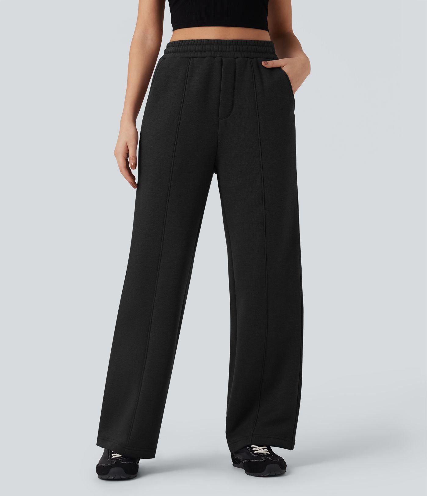 Pantalon jogging droit en coton molleton taille haute avec cordon et poches