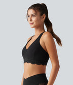 Halara UltraSculpt™ Brassière de sport maintien léger col V avec coussinets amovibles, dos nageur et dentelle contrastée