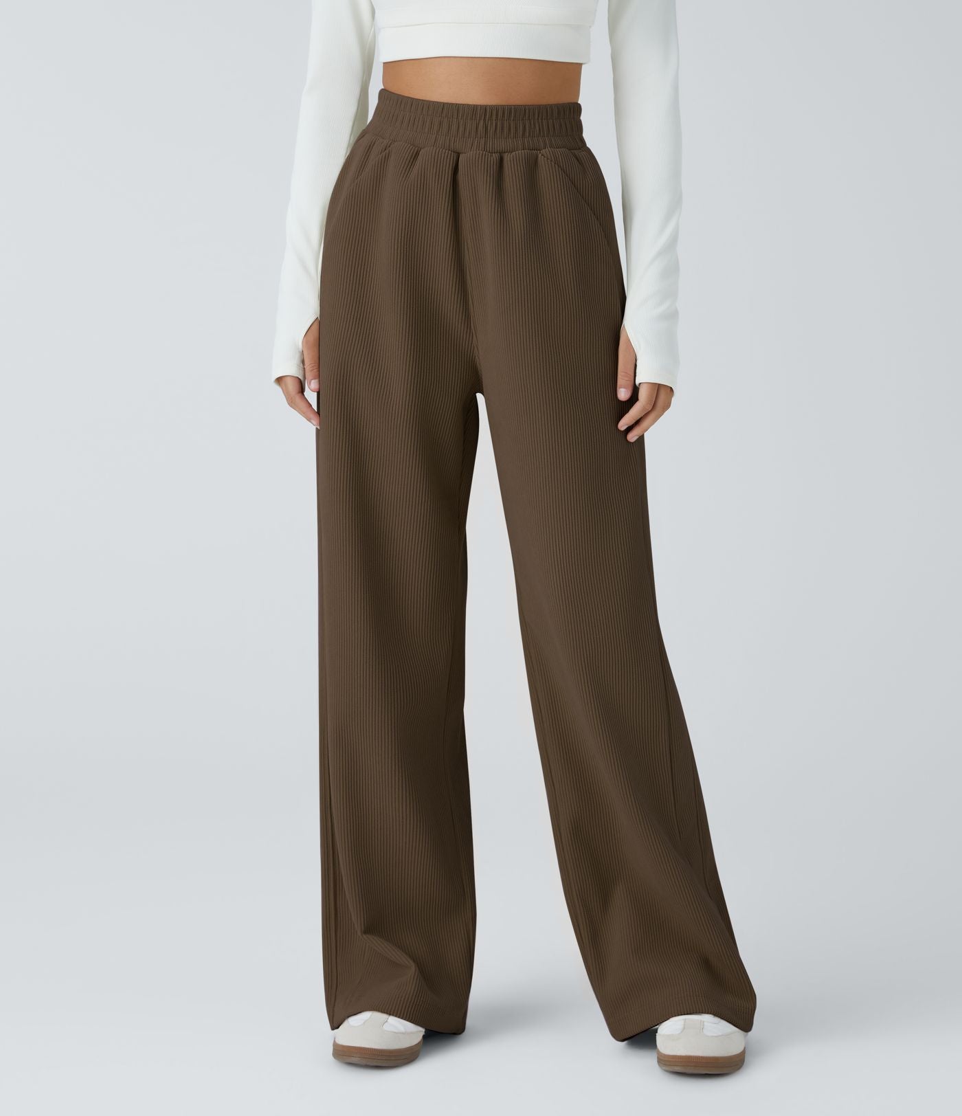 Pantalon velours côtelé de jogging décontracté à taille haute avec poches latérales