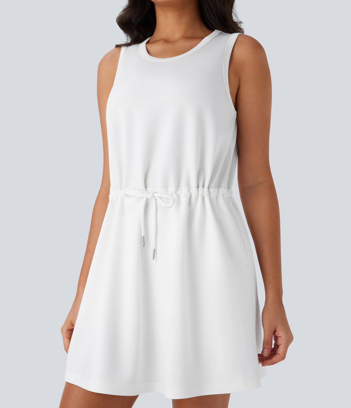 Robe active de yoga mini 2 pièces à col rond, sans manches, cordon de serrage et poches latérales