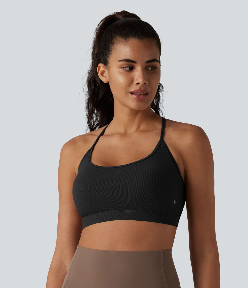 Brassière de sport de yoga en maille côtelée maintien léger dos croisé dos nu avec soutien-gorge intégré