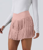 Jupe mini de soirée ajustée effet daim taille haute croisée 2-en-1 à franges